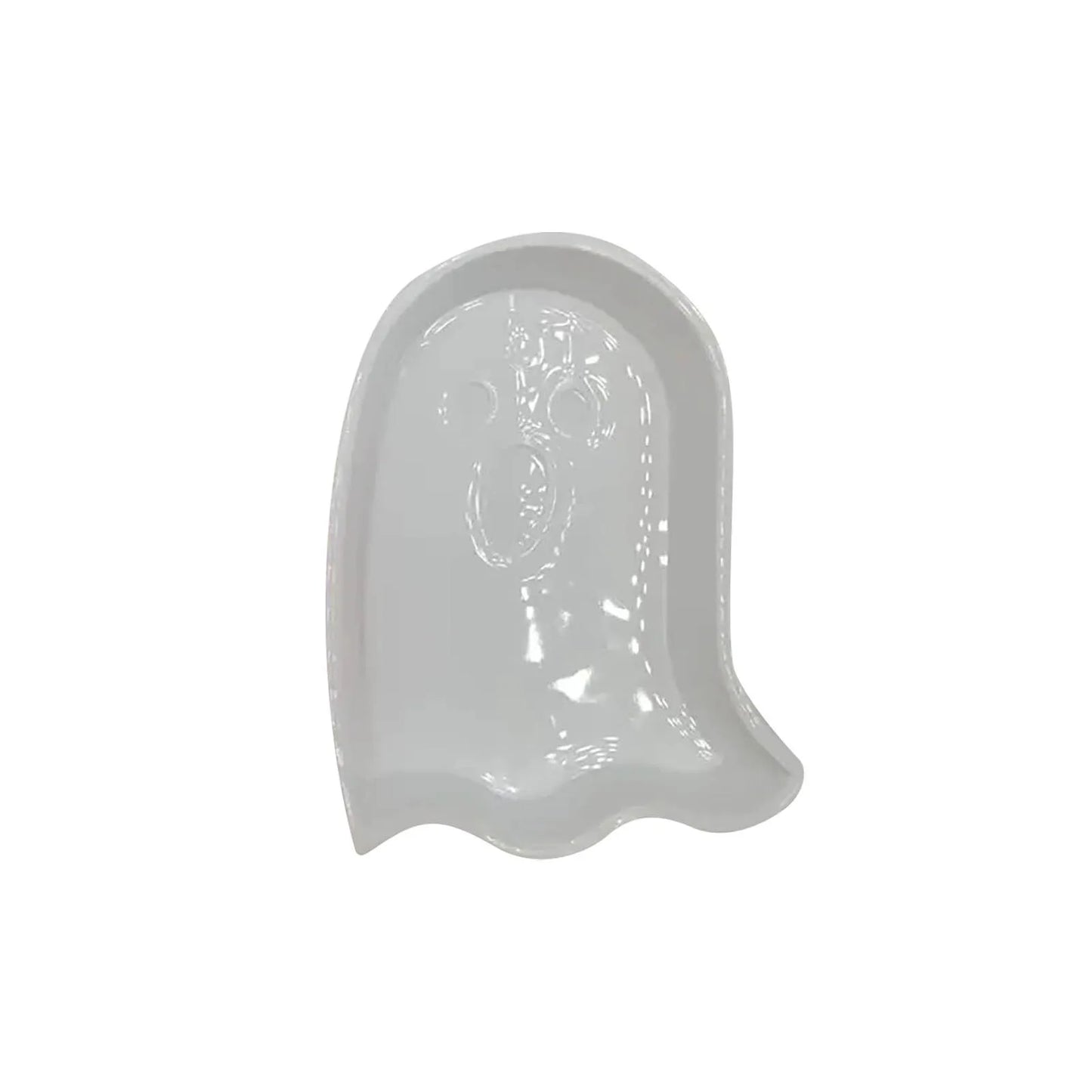 Halloween-themed snack appetizer plates shaped like a ghost, pumpkin, and bat on a white background.