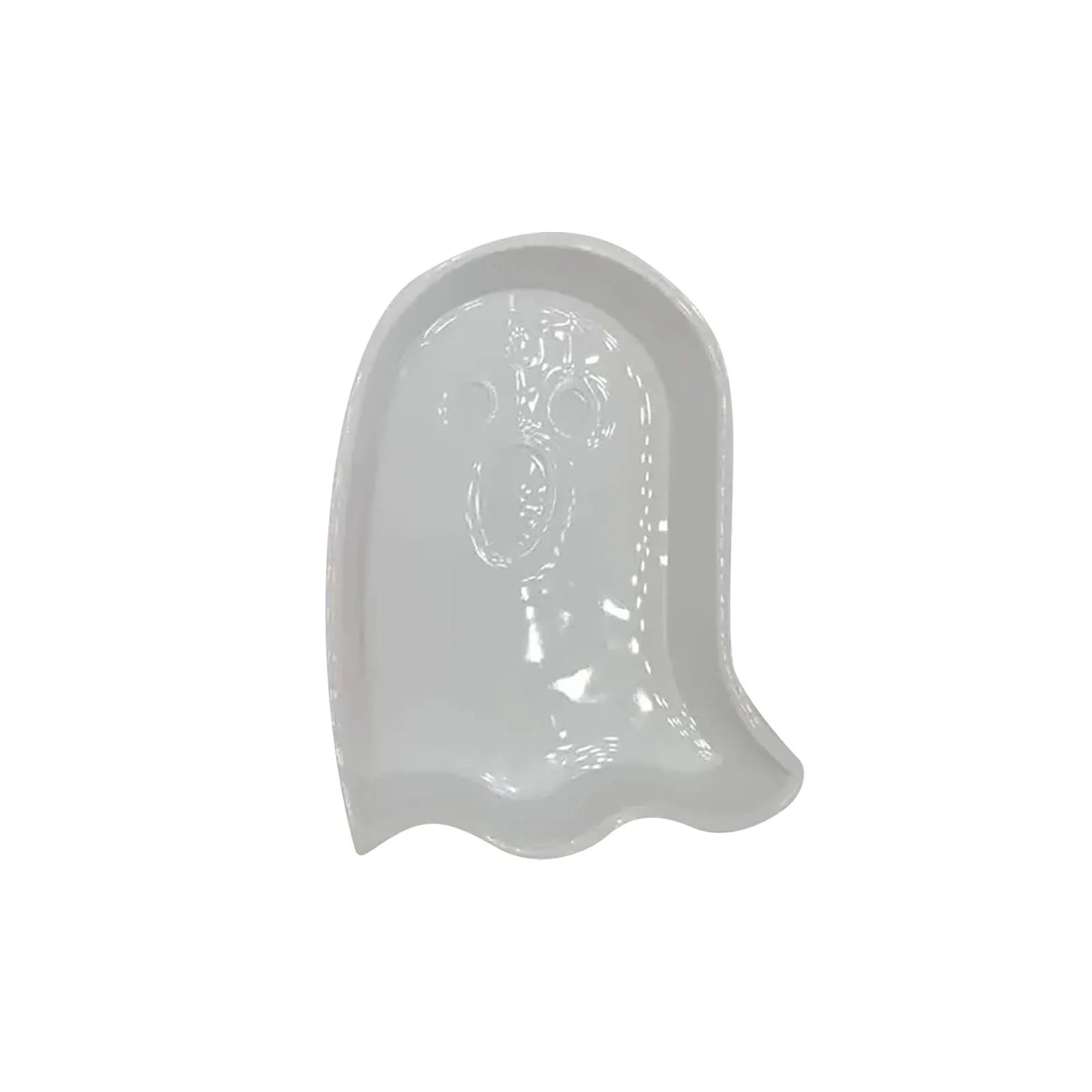 Halloween-themed snack appetizer plates shaped like a ghost, pumpkin, and bat on a white background.